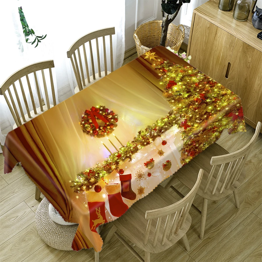 

3d Tablecloth Golden Christmas Tree Socks and Elk Pattern Rectangular/Round Table Cloth Thicken Cotton Cover Towel