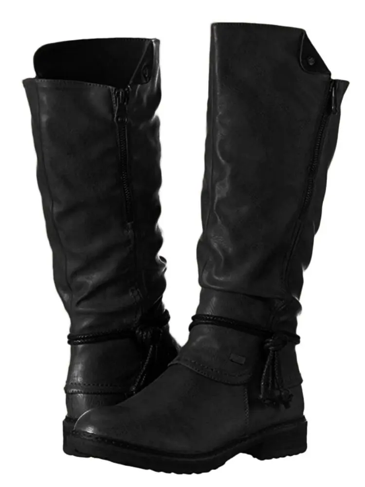 A65!Women's plus size boots European and American solid color side zipper fashion flat round head low heel knight boots women.