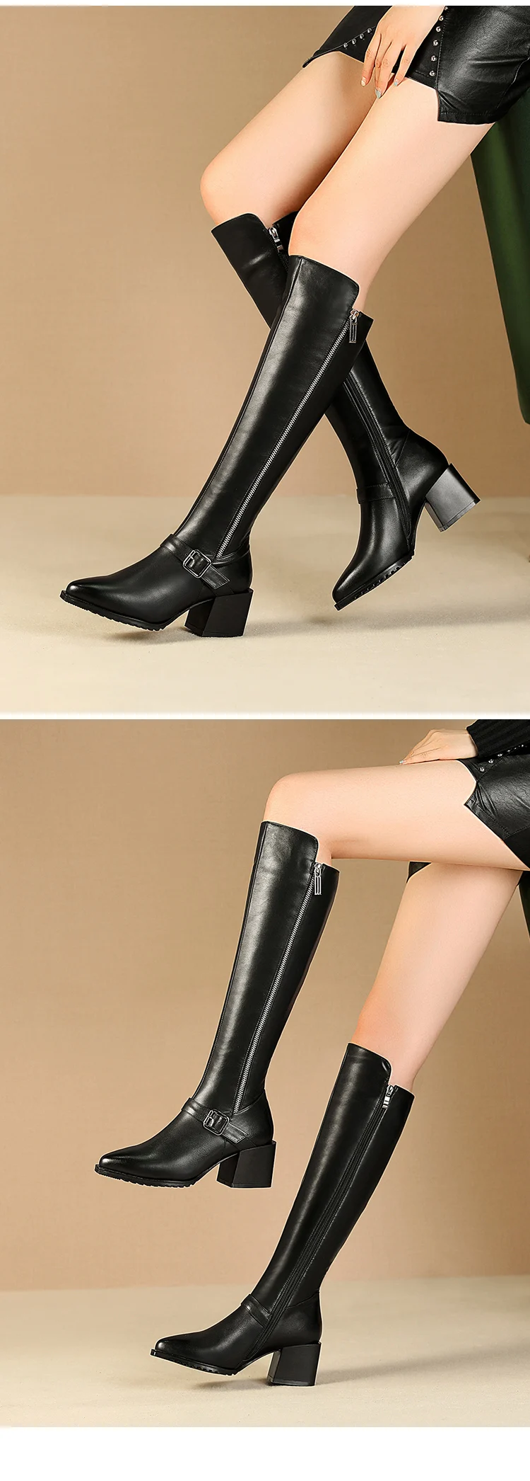 New Genuine Leather Winter Women Knee-High Boots High Heel Pointed Toe Buckle Zipper Fashion Women Shoes Black High Boots
