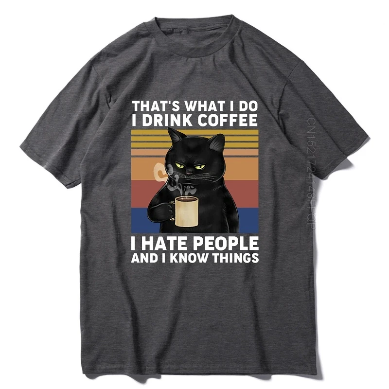 Camisa de verão t engraçado gato preto que é o que eu faço eu bebo café eu odeio pessoas vintage masculino tripulação pescoço algodão t XS-3XL