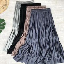 Весенние женские миди юбки бархатные плиссированные высокие эластичные талии Лоскутные цвета металлик шикарные повседневные модные юбки