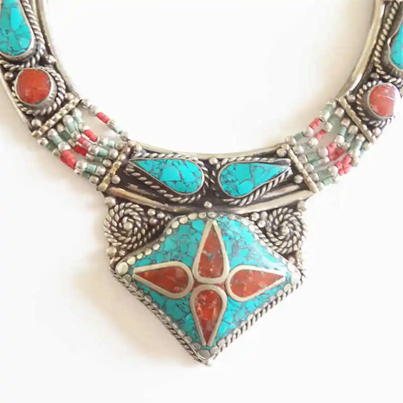 Непальское, индийское, медное инкрустированное ожерелье с цветным камнем, тибетское ювелирное изделие, распродажа TNL583