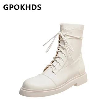 

GPOKHDS 2021 women Ankle boots Cow leather Winter short plush Round Toe Lace-Up Low heels female Riding boots size 39