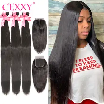 Cexxy Straight Bundles With Closure Brazilian Hair Weave Bundles With Closure Human Hair Extension Long Hair 8-34 36 38 40Inch - Category 🛒 Hair Extensions & Wigs