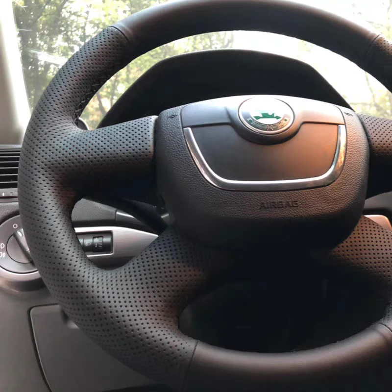 Free Shipping High Quality cowhide Top Layer Leather handmade Sewing Steering wheel covers protect For Skoda Octavia/Superb