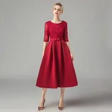

Mother Of The Bride Dress A Line Lace Outfits Satin Half Sleeve Scoop Neck Tea Length Zipper Back robe de soirée femme Свадебное