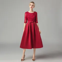 Mother Of The Bride Dress A Line Lace Outfits Satin Half Sleeve Scoop Neck Tea Length Zipper Back robe de soirée femme Свадебное