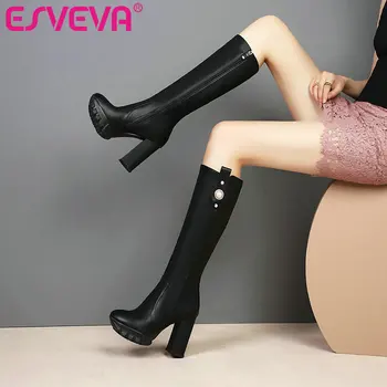 

ESVEVA 2021 Western Style Square High Heel PU Leather Knee High Boots Women Boots Shoes Pointed Toe Zipper Boots Size 34-43