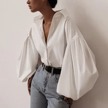 Button Blouse Lantern-Sleeve White Shirt Vintage Collar Sexy Black Elegant Office Ladies