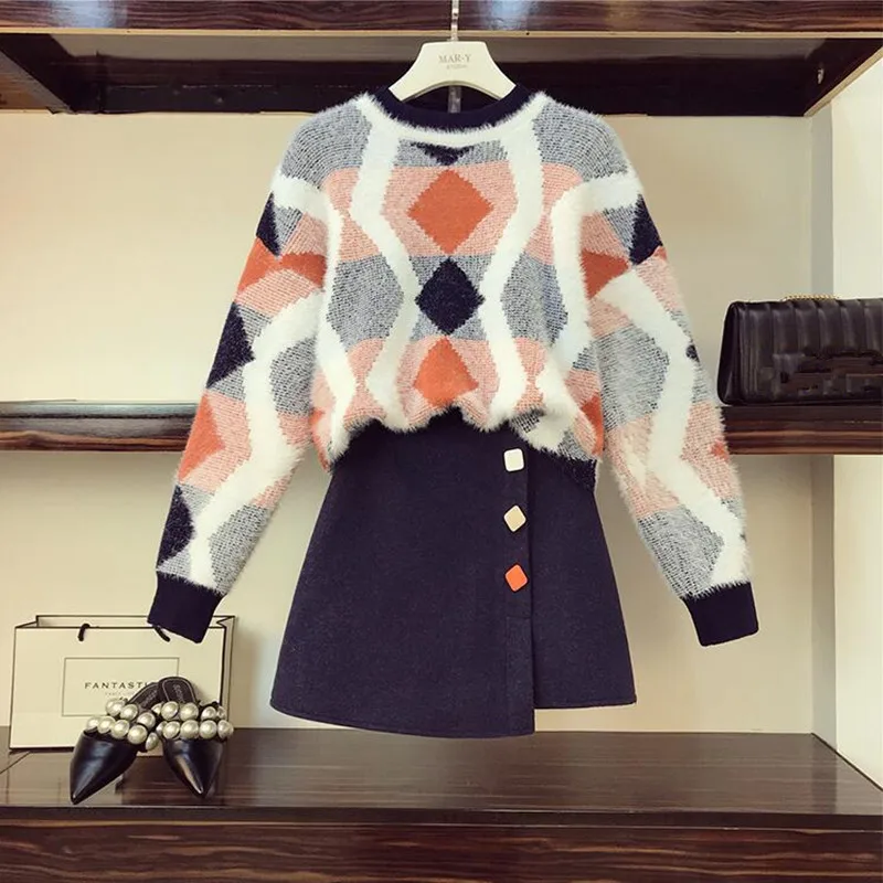 

Hepburn style 2019 Winter New Fashion Color matching geometric rhombic Mohair Knit Sweater With Woolen Skirt Two-piece suit