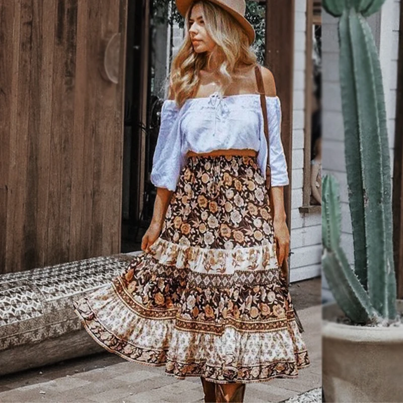 

TEELYNN boho skirt 2019 brown Rayon floral print summer skirt Drawstring waist a-line beach wear Casual Hippie long skirts falda