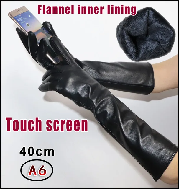 Extended Leather Gloves Ladies Sheepskin Mid-long Winter Warm Leather Sleeves Plus Velvet Thickened Driving Touch Screen Women's A6 40cm touchscreen