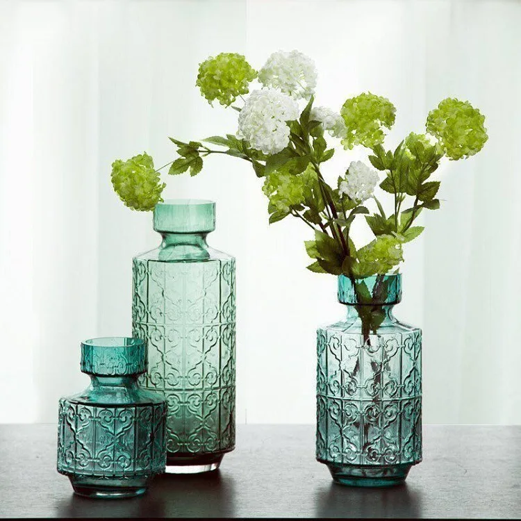 

[Xin jia qin] American-Style Village Blue Creative Relief Glass Grow in Water Madrid Vase Fashion Home Pendulum