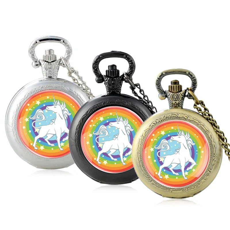 Cute Proud Unicorn Glass Cabochon Quartz Pocket Watch Vintage Men Women