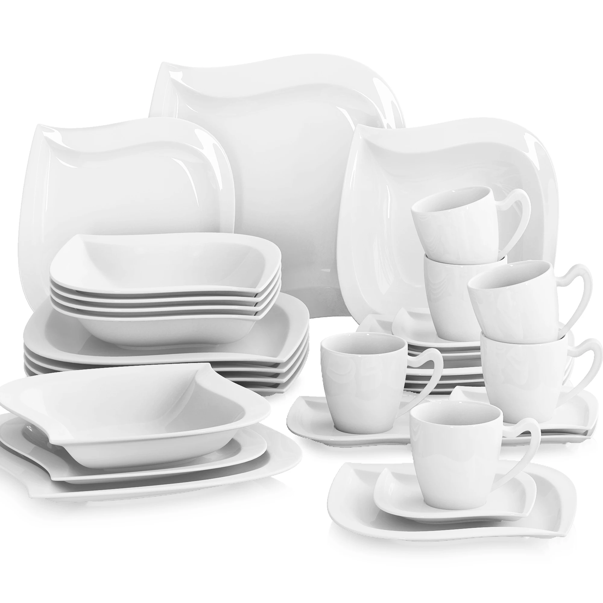 MALACASA Elvira 30/60 Piece White Porcelain Dinner Set with Cups Saucers Dessert Soup Dinner Plates Tableware Service for 6/12