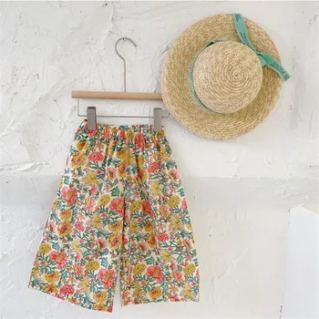 

EnkelIBB Child Girl Vintage Wide-leg Pants Summer Floral Patten Loose Pants Toddler Girl Korean Style Bottoms Breathable Pants