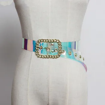 

[EWQ] New Spring Autumn 2020 Fashion Tide Long Simple Transparent PVC Patchwork Square Gold Metal Bucklet Belt All Match QC175