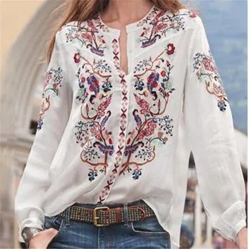 

Bohemian Printed Tops Women's 2019 Autumn Blouse Plus Size Tunic Fashion V Neck Long Sleeve Shirts Female Casual Large Blusas