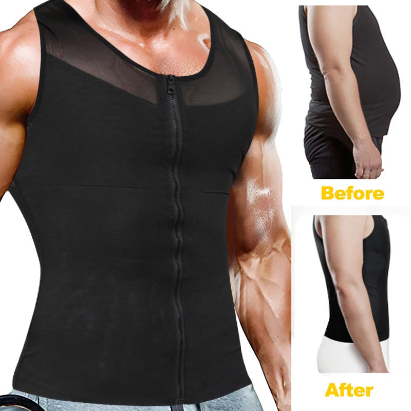 Mens Slimming Body Shaper Vest Moobs Chest Compression T-Shirt Tank Top Workout 