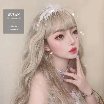 

AILIADE Bangs Ombre Blonde Long Wavy Hair Synthetic Wig For Black/White Women Natural Heat Resistant Daily/Party Fiber Wigs