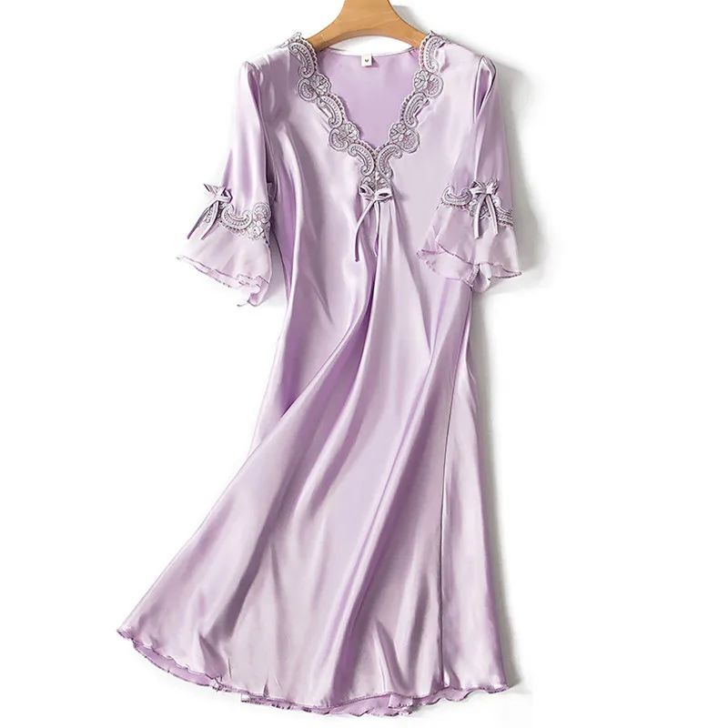 Платье для сна с v-образным вырезом в Корейском стиле; шелковое кружевное платье с короткими рукавами; домашняя пикантная Ночная одежда для сна; женское шелковое белье; платье для сна - Цвет: purple