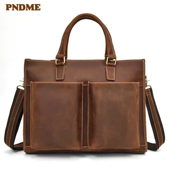 

PNDME business vintage high quality genuine leather men's briefcase crazy horse cowhide handbag laptop shoulder messenger bags