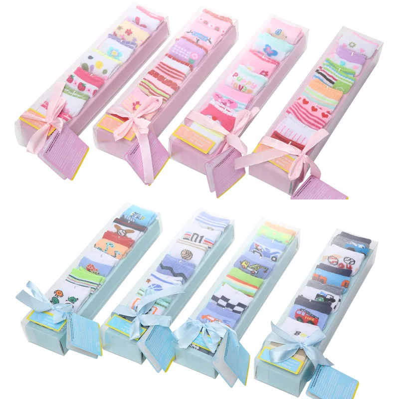 

7 pieces 0-1 Years Baby Socks With Breathable And Sweat Absorption Pure Cotton Letter Cartoon Gift Box Newborn Socks