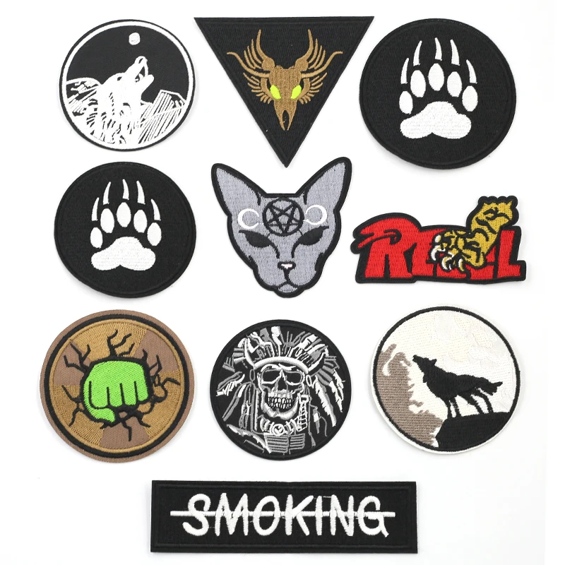 Wolf Skull White Embroidery Patches T-Shirt Clothes Stickers Appliques Iron-On Stripes Black Biker Clothing Accessories sewing | Дом и сад
