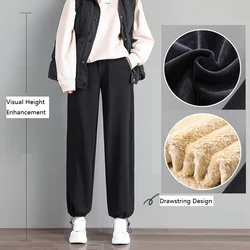 PELEDRESS Warm Winter Women Pants Velvet Cashmere Thick Trousers High Waist Elastic Straight Harem Pants Harajuku Korean Style