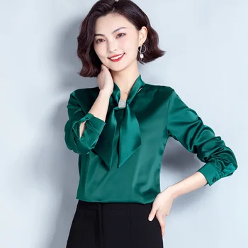 

Chiffon Full Sleeve Loose blouse women New Spring Bow Belt blusas womens tops and blouses Dark Green Wine Red Yellow 3212