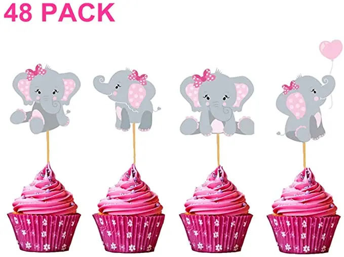 Pink Elephant Cake Topper Its a Girl Heart Pink Confetti Pink Elephant Themed Cupcake Picks for Kids Birthday Baby Shower Decorations Supplies 