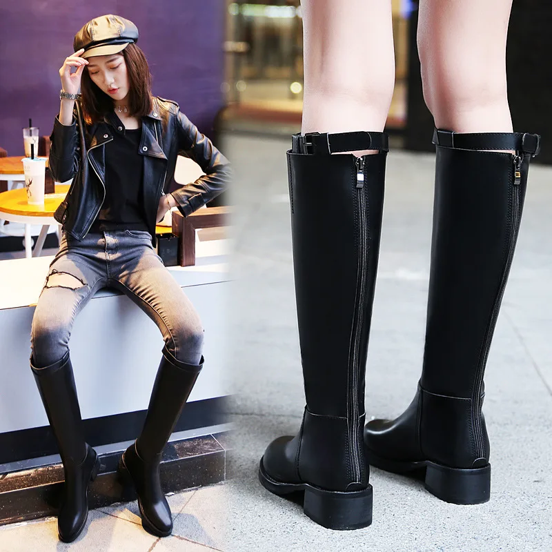 

Online Celebrity Big Brand Boots Women's Genuine Leather + Microfiber Boots Chunky Heel Boots Slimming Versatile Biker Boots Bri