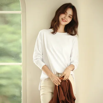 

Spring and Autumn Women's new round neck long sleeve cotton T-shirt