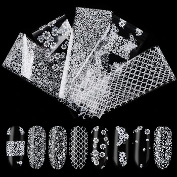 

10pcs Holographic Black White Lace Flower Design Transfer Foil Nail Set Stickers on Nails Art Decoration Manicure Decals Tips
