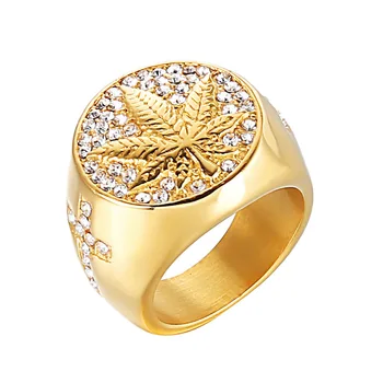 

HIP Hop Iced Out Bling Gold Color Stainless Steel Ring Micro Paved Rhinestone Weed Maple leaf Rings for Men Jewelry