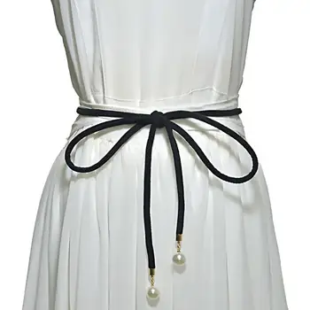 

Chic Solid Color Ultra-slim Rope Women Waistband Faux Pearl Pendant Belt Sash