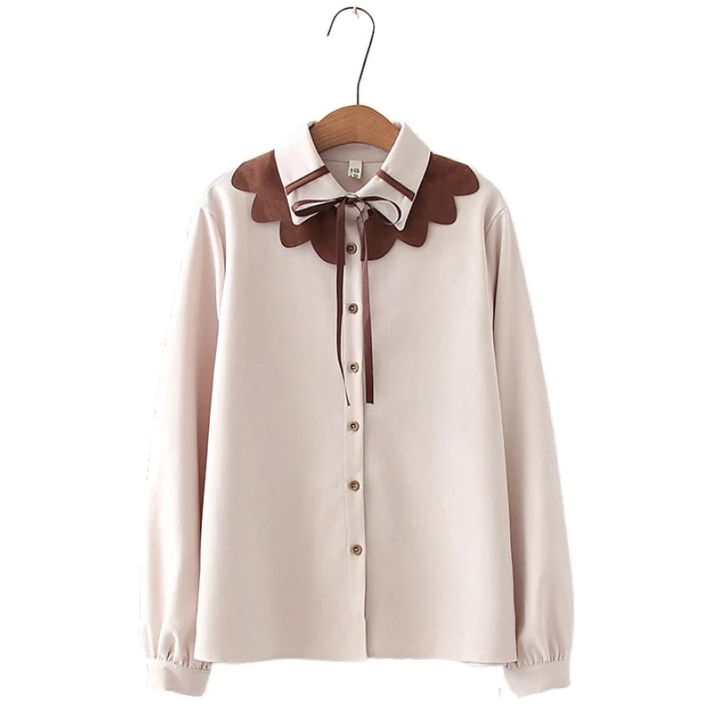 

Autumn Stitching Lace Turn-Down Collar Long Sleeved Bottoming Shirt Women Single Breasted Cardigan Lace-Up Shirts 2011641