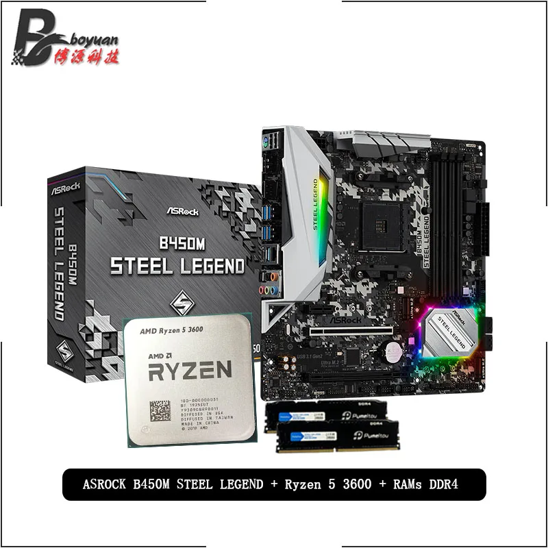 AMD Ryzen 5 3600 R5 CPU + ASROCK B450M STEEL LEGEND материнская плата Pumeitou DDR4 2666 МГц RAMs подходит для
