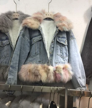 

SuperAen Stylish Rabbit-hair Collar Thickened Denim Cotton 2020 Autumn Winter New Full Imitation Lamb Slim Woman Jacket