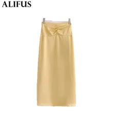 "Мода Za, женские юбки, одноцветные,, элегантные, высокая талия, плиссированная, на молнии, сатиновая юбка, стильная, длинная, прямая, для женщин, для девушек