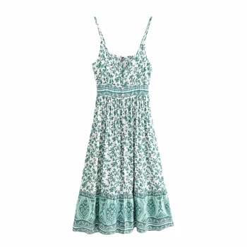

Floral Printed Hippie Strap Sexy Midi Dress Sleeveless V Neck Vintage Vestidos Summer Beach Boho Casual Clothes Women Dresses