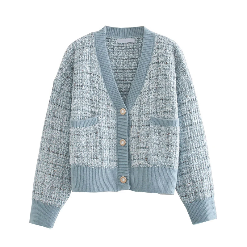 

Women 2021 Casual Plaid Loose Knitting Cardigan Vintage Single Breasted Chic Pockets Sweaters Coat Female Tops LT2441