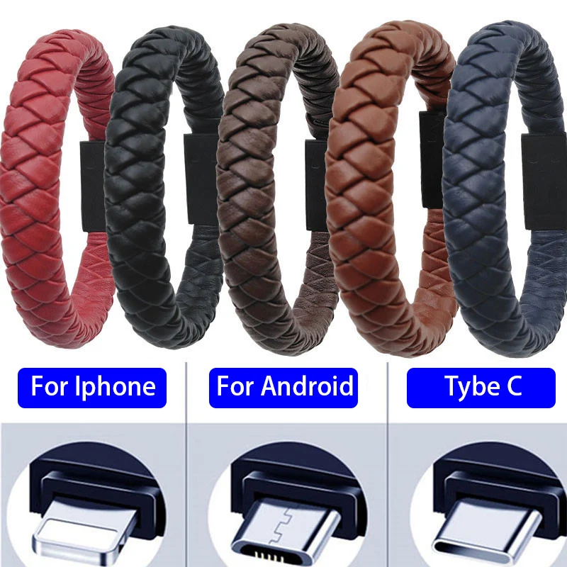 

Outdoor Portable Leather Mini Type-C/8Pin/Micro USB Bracelet Charger Data Charging Cable Sync Cord For Iphone X 8 Samsung S9 S8