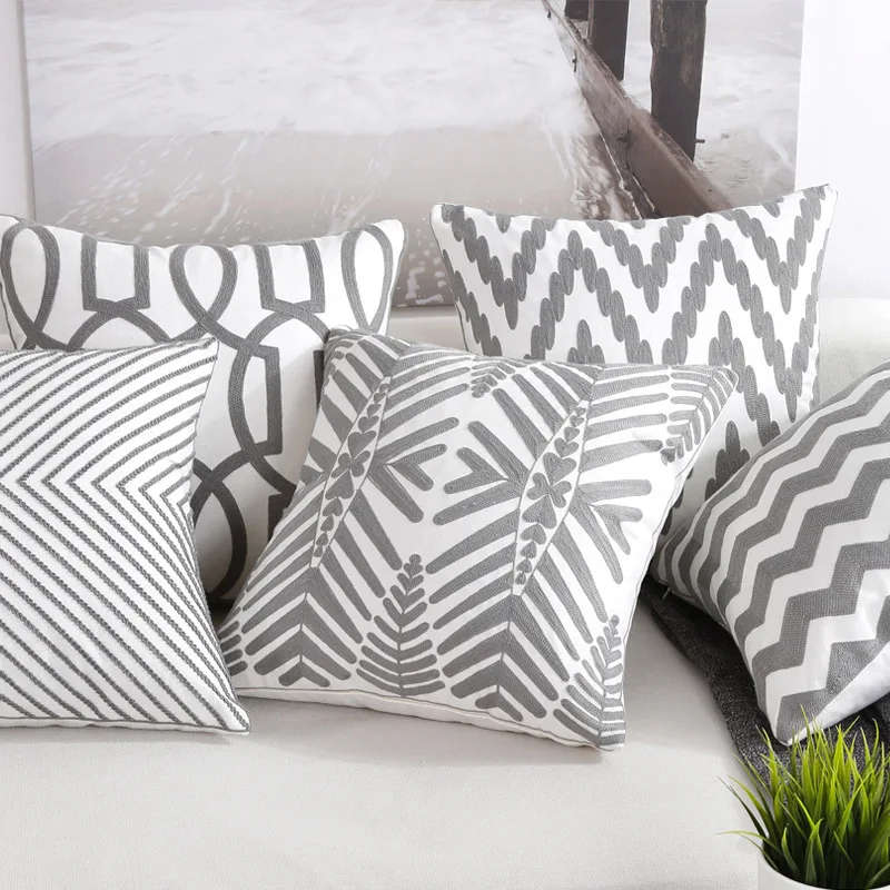 

Home Decor Emboridered Gray Geometry Cushion Grey Geometric Canvas Suqare Embroidery Pillow 45x45cm