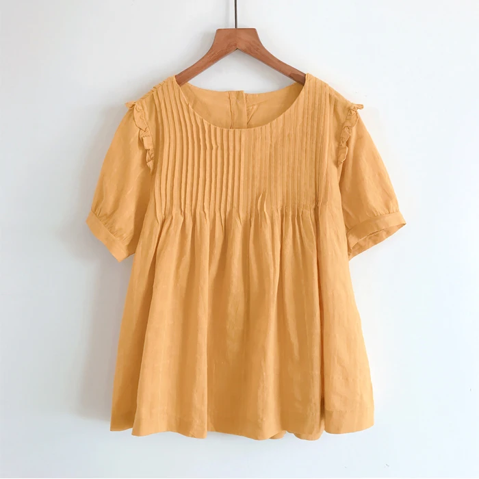 2020 New Summer Women Blouse Japan Style Mori Girl Back Buttons Loose O-Neck Short Sleeve Shirt Women Tops 3