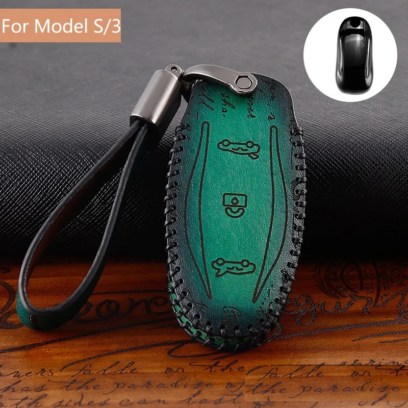 Green For Model S 3 Автомобильные аксессуары из натуральной кожи, автомобильный чехол для дистанционного ключа, чехол-держатель для Tesla, модель S, модель X, модель 3 - Название цвета: Green For Model S 3