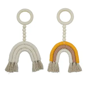 

Baby Wooden Teether Rattle Woven Rainbow Ring Beaded Soother Molar Chewable Nursing Pendant Toys Infant Shower Gifts