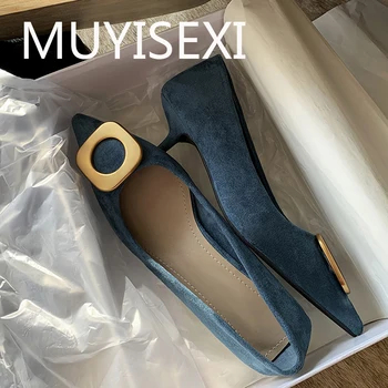 

Lake blue pumps genuine leather 4cm low heels pointed toe shallow slip on women office lady sexy spring shoes MMM13 MUYISEXI
