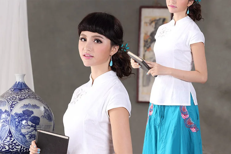 Элегантная конопляная хлопковая рубашка cheongsam, топы, китайская одежда, повседневная женская китайская льняная рубашка с короткими рукавами