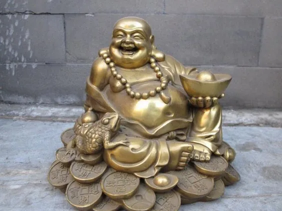 YM 321 Buddhism Brass Copper Happy Laugh Yuan Bao Toad Buddha Statue | Дом и сад